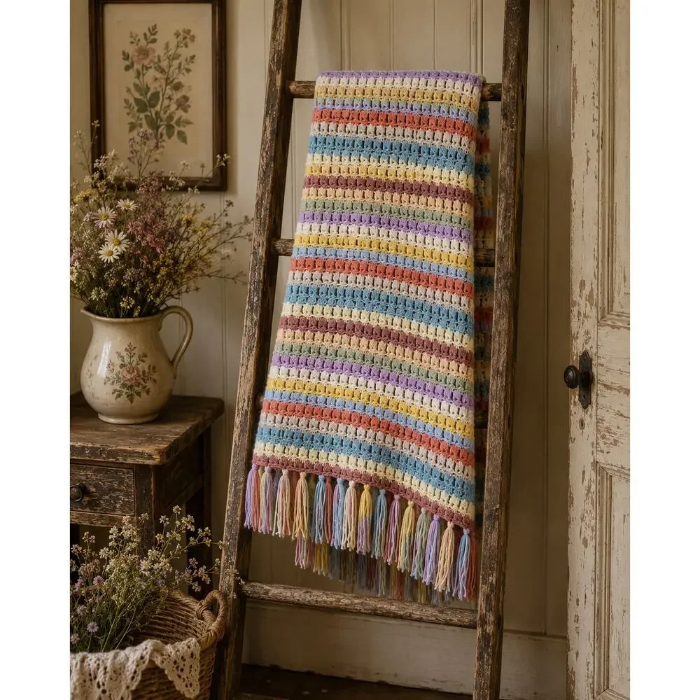 Handmade Rainbow Crochet Afghan Throw Blanket With Fringe Pastel Cottagecore